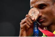 3 August 2021; Alison dos Santos of Brazil with his bronze medal during the medals ceremony for the men's 400m hurdles at the Olympic Stadium during the 2020 Tokyo Summer Olympic Games in Tokyo, Japan. Photo by Ramsey Cardy/Sportsfile