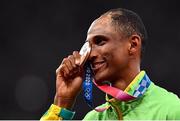 3 August 2021; Alison dos Santos of Brazil with his bronze medal during the medals ceremony for the men's 400m hurdles at the Olympic Stadium during the 2020 Tokyo Summer Olympic Games in Tokyo, Japan. Photo by Ramsey Cardy/Sportsfile