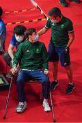 3 August 2021; Aidan Walsh of Ireland, wearing a cast, ahead of the medal ceremony with High performance director Bernard Dunne at the Kokugikan Arena during the 2020 Tokyo Summer Olympic Games in Tokyo, Japan. Photo by Brendan Moran/Sportsfile