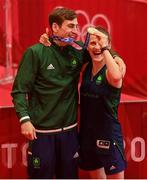 3 August 2021; Bronze medalist Aidan Walsh of Ireland with his sister Michaela Walsh after the men's welterweight division medal ceremony at the Kokugikan Arena during the 2020 Tokyo Summer Olympic Games in Tokyo, Japan. Photo by Brendan Moran/Sportsfile