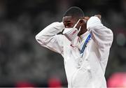 3 August 2021; Rai Benjamin of the United States with his silver medal during the medals ceremony for the men's 400m hurdles at the Olympic Stadium during the 2020 Tokyo Summer Olympic Games in Tokyo, Japan. Photo by Ramsey Cardy/Sportsfile