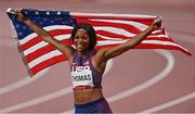3 August 2021; Gabrielle Thomas of USA celebrates after finishing third in the Women's 200 metre final at the Olympic Stadium during the 2020 Tokyo Summer Olympic Games in Tokyo, Japan. Photo by Ramsey Cardy/Sportsfile