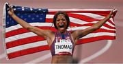 3 August 2021; Gabrielle Thomas of USA celebrates after finishing third in the Women's 200 metre final at the Olympic Stadium during the 2020 Tokyo Summer Olympic Games in Tokyo, Japan. Photo by Ramsey Cardy/Sportsfile