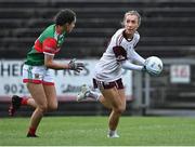 2 August 2021; Megan Glynn of Galway in action against Roisin Durcan of Mayo during the TG4 All-Ireland Senior Ladies Football Championship Quarter-Final match between Mayo and Galway at Elverys MacHale Park in Castlebar, Co Mayo. Photo by Piaras Ó Mídheach/Sportsfile