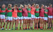 2 August 2021; Mayo players stand for Amhrán na bhFiann before the TG4 All-Ireland Senior Ladies Football Championship Quarter-Final match between Mayo and Galway at Elverys MacHale Park in Castlebar, Co Mayo. Photo by Piaras Ó Mídheach/Sportsfile