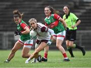 2 August 2021; Megan Glynn of Galway in action against Kathryn Sullivan, left, and Tamara O'Connor of Mayo during the TG4 All-Ireland Senior Ladies Football Championship Quarter-Final match between Mayo and Galway at Elverys MacHale Park in Castlebar, Co Mayo. Photo by Piaras Ó Mídheach/Sportsfile