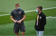 3 August 2021; Bohemians goalkeeper James Talbot, left, in conversation with former Bohemians goalkeeper Shane Supple before the UEFA Europa Conference League third qualifying round first leg match between Bohemians and PAOK at Aviva Stadium in Dublin. Photo by Ben McShane/Sportsfile