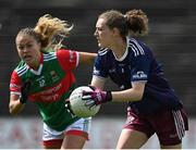 2 August 2021; Galway goalkeeper Dearbhla Gower in action against Sarah Rowe of Mayo during the TG4 All-Ireland Senior Ladies Football Championship Quarter-Final match between Mayo and Galway at Elverys MacHale Park in Castlebar, Co Mayo. Photo by Piaras Ó Mídheach/Sportsfile