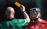 23 July 2021; Jack O'Connor of Cork is show a first yellow card by referee John Keenan during the GAA Hurling All-Ireland Senior Championship Round 2 match between Clare and Cork at LIT Gaelic Grounds in Limerick. Photo by Piaras Ó Mídheach/Sportsfile