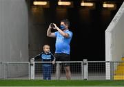 31 July 2021; Dublin supporters Mark Ryan with his son Mark Jnr, age 3, from Inchicore, at the GAA Hurling All-Ireland Senior Championship Quarter-Final match between Dublin and Cork at Semple Stadium in Thurles, Tipperary. Photo by Piaras Ó Mídheach/Sportsfile
