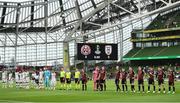 3 August 2021; Bohemians and PAOK players line up before the UEFA Europa Conference League third qualifying round first leg match between Bohemians and PAOK at Aviva Stadium in Dublin. Photo by Harry Murphy/Sportsfile