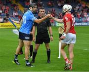 31 July 2021; Referee James Owens with team captains Danny Sutcliffe of Dublin and Patrick Horgan of Cork before the GAA Hurling All-Ireland Senior Championship Quarter-Final match between Dublin and Cork at Semple Stadium in Thurles, Tipperary. Photo by Piaras Ó Mídheach/Sportsfile