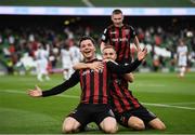 3 August 2021; Ali Coote of Bohemians celebrates after scoring his side's first goal with team-mate Liam Burt during the UEFA Europa Conference League third qualifying round first leg match between Bohemians and PAOK at Aviva Stadium in Dublin. Photo by Harry Murphy/Sportsfile