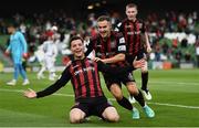 3 August 2021; Ali Coote of Bohemians celebrates after scoring his side's first goal with team-mate Liam Burt during the UEFA Europa Conference League third qualifying round first leg match between Bohemians and PAOK at Aviva Stadium in Dublin. Photo by Harry Murphy/Sportsfile