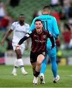 3 August 2021; Ali Coote of Bohemians celebrates after scoring his side's first goal during the UEFA Europa Conference League third qualifying round first leg match between Bohemians and PAOK at Aviva Stadium in Dublin. Photo by Harry Murphy/Sportsfile
