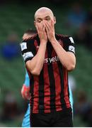 3 August 2021; Georgie Kelly of Bohemians reacts after a missed opportunity on goal during the UEFA Europa Conference League third qualifying round first leg match between Bohemians and PAOK at Aviva Stadium in Dublin. Photo by Ben McShane/Sportsfile