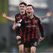 3 August 2021; Ali Coote of Bohemians celebrates after scoring his side's second goal during the UEFA Europa Conference League third qualifying round first leg match between Bohemians and PAOK at Aviva Stadium in Dublin. Photo by Ben McShane/Sportsfile