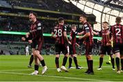 3 August 2021; Ali Coote of Bohemians, left, celebrates after scoring his side's second goal during the UEFA Europa Conference League third qualifying round first leg match between Bohemians and PAOK at Aviva Stadium in Dublin. Photo by Ben McShane/Sportsfile