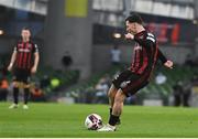 3 August 2021; Ali Coote of Bohemians shoots to score his side's second goal during the UEFA Europa Conference League third qualifying round first leg match between Bohemians and PAOK at Aviva Stadium in Dublin. Photo by Ben McShane/Sportsfile