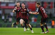 3 August 2021; Ali Coote of Bohemians celebrates after scoring his side's second goal with team-mate Anto Breslin, 3, during the UEFA Europa Conference League third qualifying round first leg match between Bohemians and PAOK at Aviva Stadium in Dublin. Photo by Ben McShane/Sportsfile
