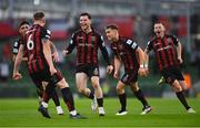 3 August 2021; Ali Coote, centre, celebrates after scoring his side's second goal with his Bohemians team-mates during the UEFA Europa Conference League third qualifying round first leg match between Bohemians and PAOK at Aviva Stadium in Dublin. Photo by Ben McShane/Sportsfile