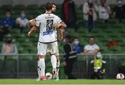 3 August 2021; Nélson Oliveira of PAOK celebrates after scoring his side's first goal with team-matew Stefan Schwab, 22, during the UEFA Europa Conference League third qualifying round first leg match between Bohemians and PAOK at Aviva Stadium in Dublin. Photo by Ben McShane/Sportsfile