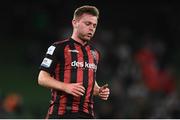 3 August 2021; Conor Levingston of Bohemians reacts after a missed opportunity on goal during the UEFA Europa Conference League third qualifying round first leg match between Bohemians and PAOK at Aviva Stadium in Dublin. Photo by Ben McShane/Sportsfile