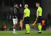 3 August 2021; Nélson Oliveira of PAOK remonstrates with referee Antti Munukka after the UEFA Europa Conference League third qualifying round first leg match between Bohemians and PAOK at Aviva Stadium in Dublin. Photo by Ben McShane/Sportsfile