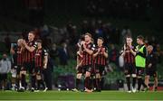 3 August 2021; Bohemians players applaud to their supporters after their victory in the UEFA Europa Conference League third qualifying round first leg match between Bohemians and PAOK at Aviva Stadium in Dublin. Photo by Ben McShane/Sportsfile