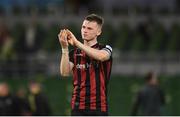 3 August 2021; Andy Lyons of Bohemians applauds the supporters after their victory in the UEFA Europa Conference League third qualifying round first leg match between Bohemians and PAOK at Aviva Stadium in Dublin. Photo by Ben McShane/Sportsfile