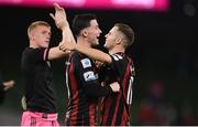 3 August 2021; Ali Coote, left, and Liam Burt of Bohemians celebrate after the UEFA Europa Conference League third qualifying round first leg match between Bohemians and PAOK at Aviva Stadium in Dublin. Photo by Ben McShane/Sportsfile