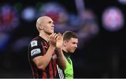 3 August 2021; Georgie Kelly of Bohemians applauds the supporters after the UEFA Europa Conference League third qualifying round first leg match between Bohemians and PAOK at Aviva Stadium in Dublin. Photo by Ben McShane/Sportsfile