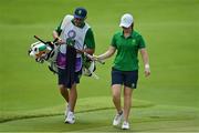 4 August 2021; Leona Maguire of Ireland with caddie Diarmuid Byrne during round one of the women's individual stroke play at the Kasumigaseki Country Club during the 2020 Tokyo Summer Olympic Games in Kawagoe, Saitama, Japan. Photo by Brendan Moran/Sportsfile