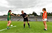 1 August 2021; Captains Shauna Ennis of Meath and Kelly Mallon of Armagh with referee Brendan Rice before the TG4 Ladies Football All-Ireland Championship Quarter-Final match between Armagh and Meath at St Tiernach's Park in Clones, Monaghan. Photo by Sam Barnes/Sportsfile