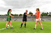 1 August 2021; Captains Shauna Ennis of Meath and Kelly Mallon of Armagh with referee Brendan Rice before the TG4 Ladies Football All-Ireland Championship Quarter-Final match between Armagh and Meath at St Tiernach's Park in Clones, Monaghan. Photo by Sam Barnes/Sportsfile