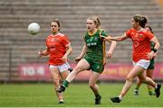 1 August 2021; Orlagh Lally of Meath in action against Fionnuala McKenna, right, and Alexandra Clarke of Armagh during the TG4 Ladies Football All-Ireland Championship Quarter-Final match between Armagh and Meath at St Tiernach's Park in Clones, Monaghan. Photo by Sam Barnes/Sportsfile