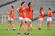 1 August 2021; Megan Sheridan, centre, and Tiarna Grimes, centre left, both of Armagh, dejected after the TG4 Ladies Football All-Ireland Championship Quarter-Final match between Armagh and Meath at St Tiernach's Park in Clones, Monaghan. Photo by Sam Barnes/Sportsfile