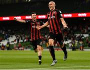 29 July 2021; Georgie Kelly of Bohemians celebrates after scoring his sides third goal during the UEFA Europa Conference League second qualifying round second leg match between Bohemians and F91 Dudelange at Aviva Stadium in Dublin. Photo by Eóin Noonan/Sportsfile