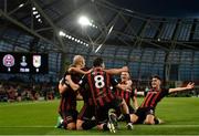 29 July 2021; Georgie Kelly of Bohemians celebrates with team-mates after scoring his sides third goal during the UEFA Europa Conference League second qualifying round second leg match between Bohemians and F91 Dudelange at Aviva Stadium in Dublin. Photo by Eóin Noonan/Sportsfile