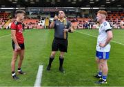 30 July 2021; Referee Kieran Eannetta performs the coin toss with team captains Shealan Johnston of Down and Ronan Grimes of Monaghan before the EirGrid Ulster GAA Football U20 Championship Final match between Down and Monaghan at Athletic Grounds in Armagh. Photo by Piaras Ó Mídheach/Sportsfile
