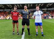 30 July 2021; Referee Kieran Eannetta with team captains Shealan Johnston of Down and Ronan Grimes of Monaghan before the EirGrid Ulster GAA Football U20 Championship Final match between Down and Monaghan at Athletic Grounds in Armagh. Photo by Piaras Ó Mídheach/Sportsfile