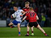 30 July 2021; Donnach Swinburne of Monaghan in action against Patrick McCarthy and Lorcan Toal, 17, of Down during the EirGrid Ulster GAA Football U20 Championship Final match between Down and Monaghan at Athletic Grounds in Armagh. Photo by Piaras Ó Mídheach/Sportsfile