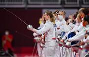 5 August 2021; Natalya Coyle of Ireland is introduced before the women's individual fencing ranking round at Musashino Forest Sport Plaza on day 13 during the 2020 Tokyo Summer Olympic Games in Tokyo, Japan. Photo by Brendan Moran/Sportsfile