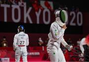 5 August 2021; Natalya Coyle of Ireland reacts after her first bout, against Elena Potapenko of Kazakhstan, in the women's individual fencing ranking round at Musashino Forest Sport Plaza on day 13 during the 2020 Tokyo Summer Olympic Games in Tokyo, Japan. Photo by Brendan Moran/Sportsfile