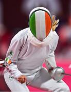 5 August 2021; Natalya Coyle of Ireland celebrates after defeating Rena Shimazu of Japan in the women's individual fencing ranking round at Musashino Forest Sport Plaza on day 13 during the 2020 Tokyo Summer Olympic Games in Tokyo, Japan. Photo by Brendan Moran/Sportsfile