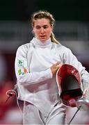 5 August 2021; Natalya Coyle of Ireland after defeating Rena Shimazu of Japan in the women's individual fencing ranking round at Musashino Forest Sport Plaza on day 13 during the 2020 Tokyo Summer Olympic Games in Tokyo, Japan. Photo by Brendan Moran/Sportsfile