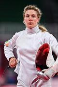 5 August 2021; Natalya Coyle of Ireland after defeating Natsumi Takamiya of Japan in the women's individual fencing ranking round at Musashino Forest Sport Plaza on day 13 during the 2020 Tokyo Summer Olympic Games in Tokyo, Japan. Photo by Brendan Moran/Sportsfile