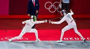 5 August 2021; Natalya Coyle of Ireland in action against Elodie Clouvel of France in the women's individual fencing ranking round at Musashino Forest Sport Plaza on day 13 during the 2020 Tokyo Summer Olympic Games in Tokyo, Japan. Photo by Brendan Moran/Sportsfile