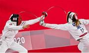 5 August 2021; Natalya Coyle of Ireland, right, in action against Xiaonan Zhang of China in the women's individual fencing ranking round at Musashino Forest Sport Plaza on day 13 during the 2020 Tokyo Summer Olympic Games in Tokyo, Japan. Photo by Brendan Moran/Sportsfile