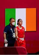 5 August 2021; Kellie Harrington of Ireland walks to the ring with IABA head coach Zaur Antia for her bout with Sudaporn Seesondee of Thailand in their women's lightweight semi-final bout at the Kokugikan Arena during the 2020 Tokyo Summer Olympic Games in Tokyo, Japan. Photo by Stephen McCarthy/Sportsfile